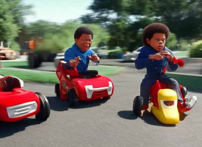 Image similar to peter dinklage racing emmanuel lewis driving a little tikes cars, movie still, from the new fast and furious movie, 8 k, realistic