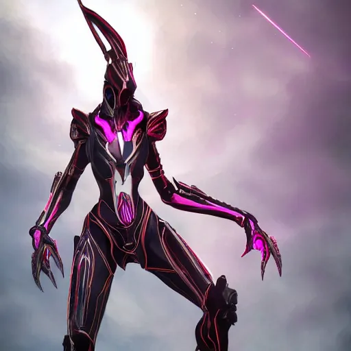 Image similar to ant pov from the floor, looking up, at a highly detailed, exquisite and beautiful giant female warframe, standing elegantly, shining reflective off-white plated armor, slick elegant design, bright Fuchsia skin, sharp claws, close full body shot, epic cinematic shot, realistic, professional digital art, high end digital art, DeviantArt, artstation, Furaffinity, 8k HD render, epic lighting, depth of field