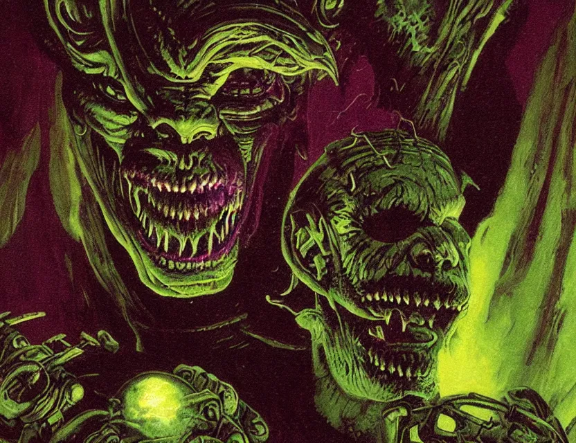 Image similar to a close - up view portrait of a silhouetted supernatural goblin in brutalist halls with metallic alien technology. close - up view, detailed textures. glowing green purple fog, dark black background. highly detailed fantasy science fiction painting by moebius, norman rockwell, frank frazetta, and syd mead. rich colors, high contrast