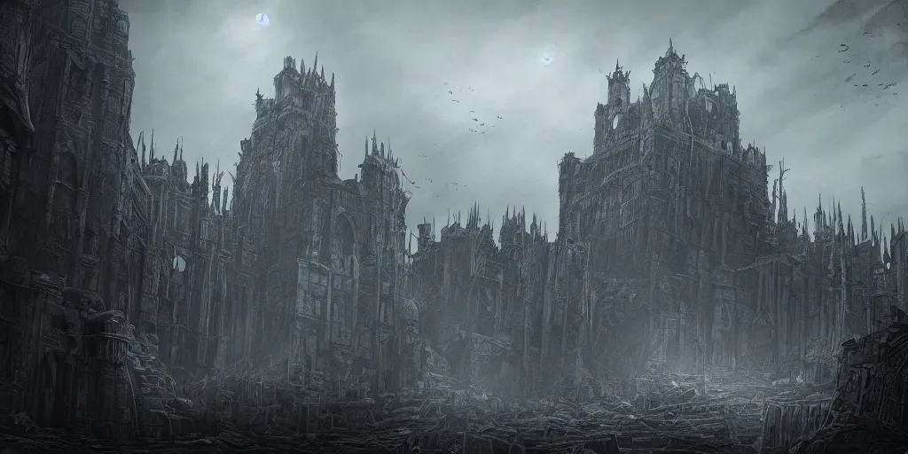 Prompt: grimdark fantasy fortress, ruined, terrifying architecture, looming, dark, fog, dark souls, artstation