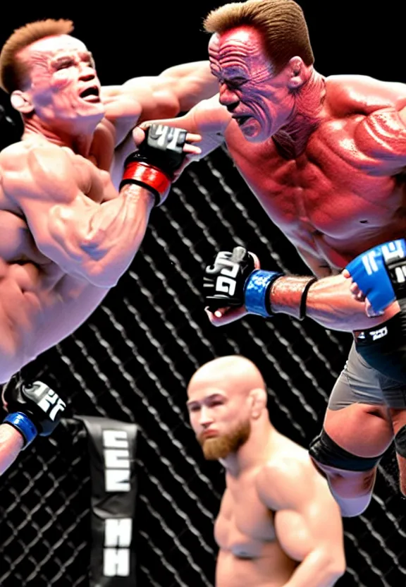 Image similar to streaming still of arnold schwarzenegger fighting in the ufc, punching the opponent