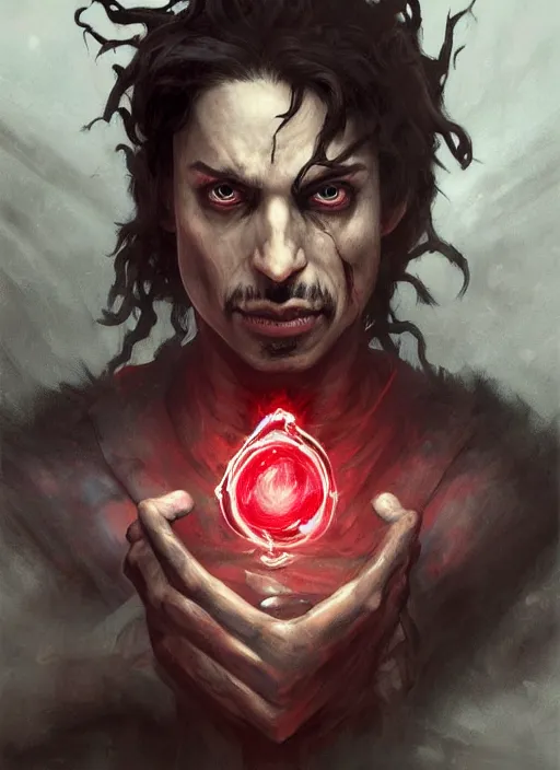 Image similar to character concept portrait of a handsome young twisted dark hispanic wizard with olive skin and glowing red eyes casting a zombie spell, a floating iridescent spell book in the center, intricate, elegant, digital painting, concept art, smooth, sharp focus, illustration, from Metal Gear, by Ruan Jia and Mandy Jurgens and William-Adolphe Bouguereau, Artgerm