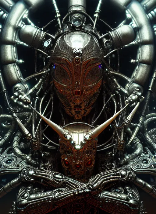 Prompt: timeless cybernetic deity, intricate detail, royo, whealan, giger, klimt, hd, octane render, unreal engine,