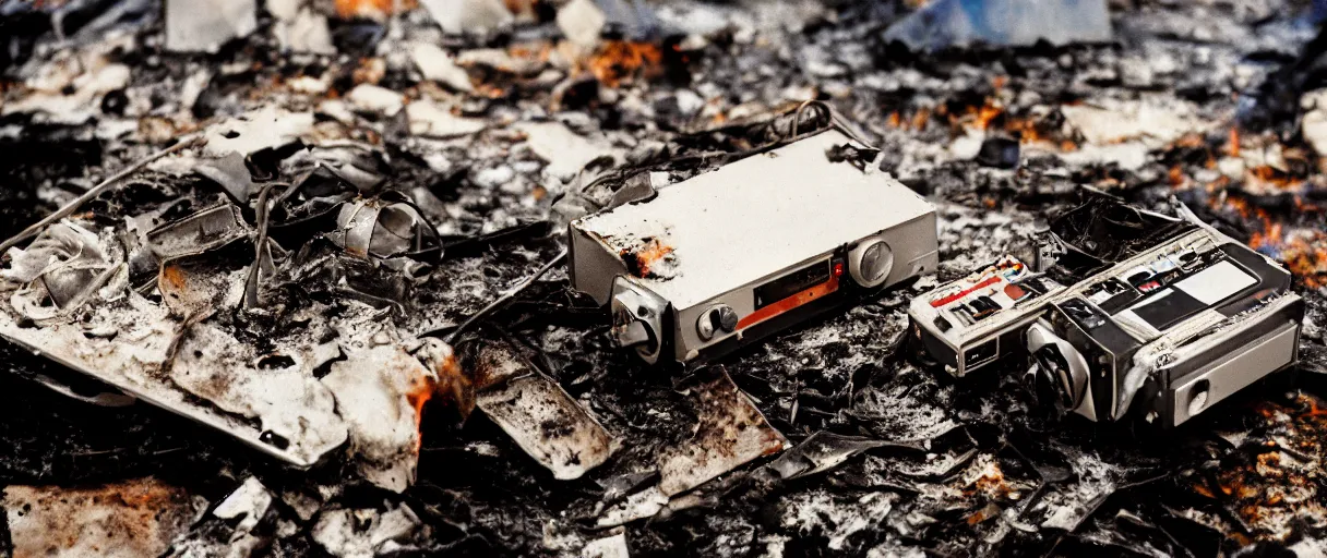 Prompt: filmic extreme closeup dutch angle movie still 4k UHD 35mm film color photograph of a texas instrument data tape player partly melted and burnt with smoke rising behind it, sitting among the rubble of a completely burned down structure in the snow in Antarctica at night