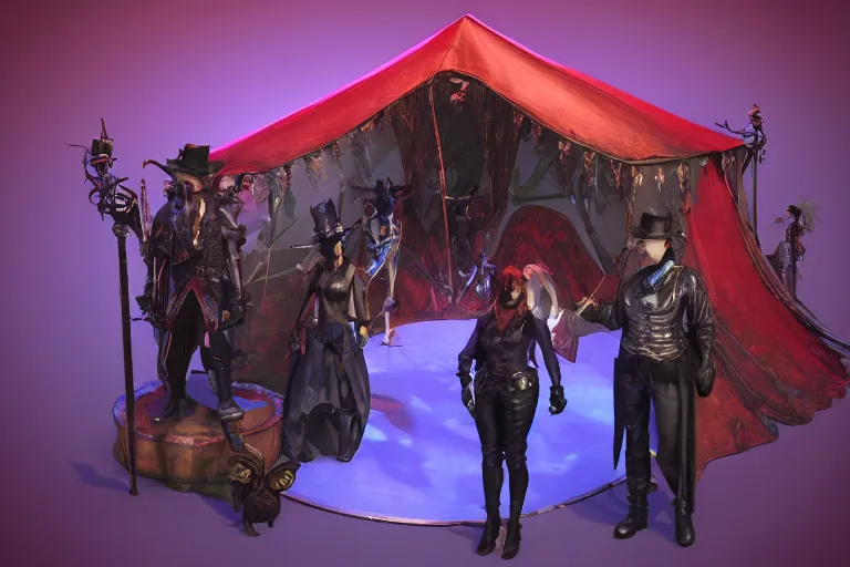 Prompt: 3d sculpt of a huge dark fantasy gothic circus tent, artstaton, League of Legends, red dead redemption2, overwatch, digital illustration