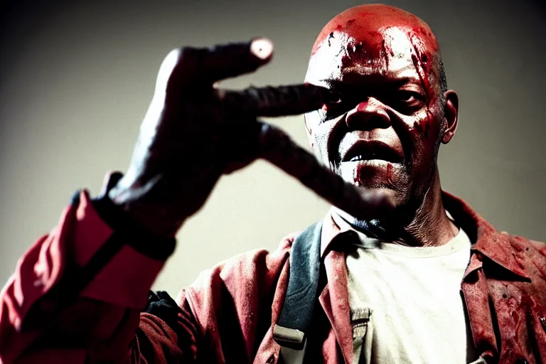 Image similar to samuel l. jackson as a zombie, blood, decay, cinematic lighting, portrait, medium shot, horror movie still