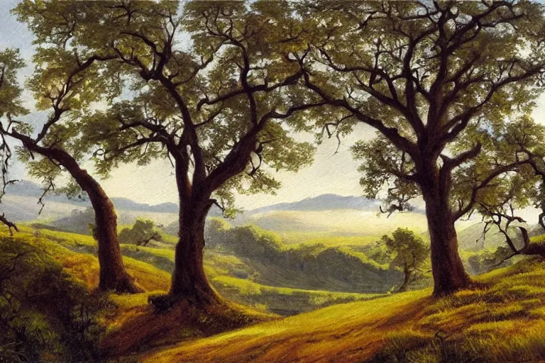 Prompt: masterpiece painting of oak trees on a hillside overlooking a creek, dramatic lighting, by a. y. jackson