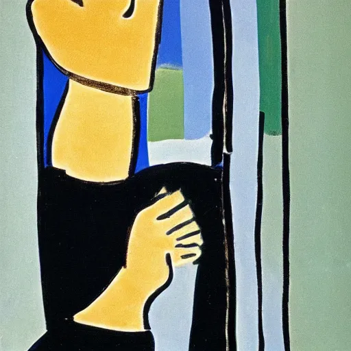 Prompt: mirrored image of a guy pointing a gut at his reflection. mirrored vertical. centered. by matisse.