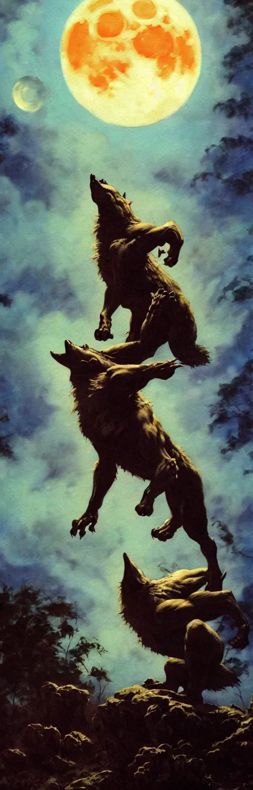 Image similar to by frazetta ,close up of howling werewolf realistic , action pose , in front of the moon , full body backlight ,top light ,full body portrait ,highly textured oil painting ,jungle ,cyan graveyard ,foggy background ,with dramatic sky ,clouds and giant oversized moon and storm