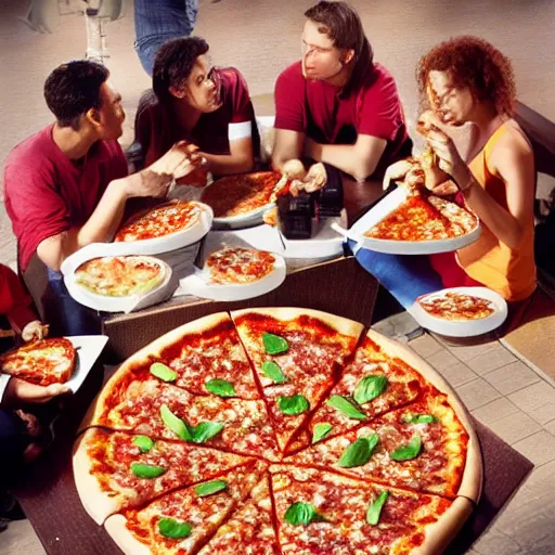 Prompt: people enjoying a pizza in the year 2450, 8k ultra hd, hyper detailed