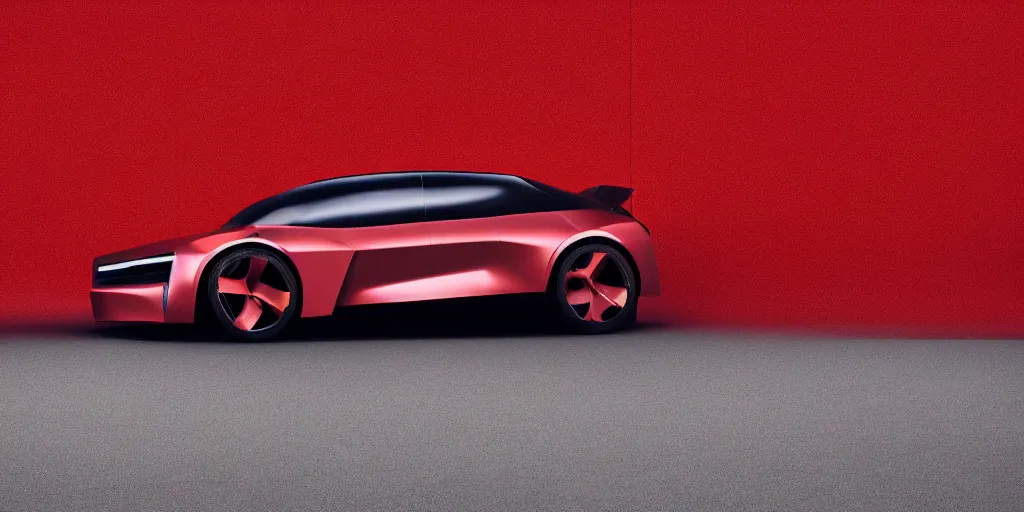 Prompt: a design of a futuristic car, designed by Polestar and DMC, vaporwave sunrise background, brushed red copper car paint, black windows, dark show room, dramatic lighting, hyper realistic render, depth of field