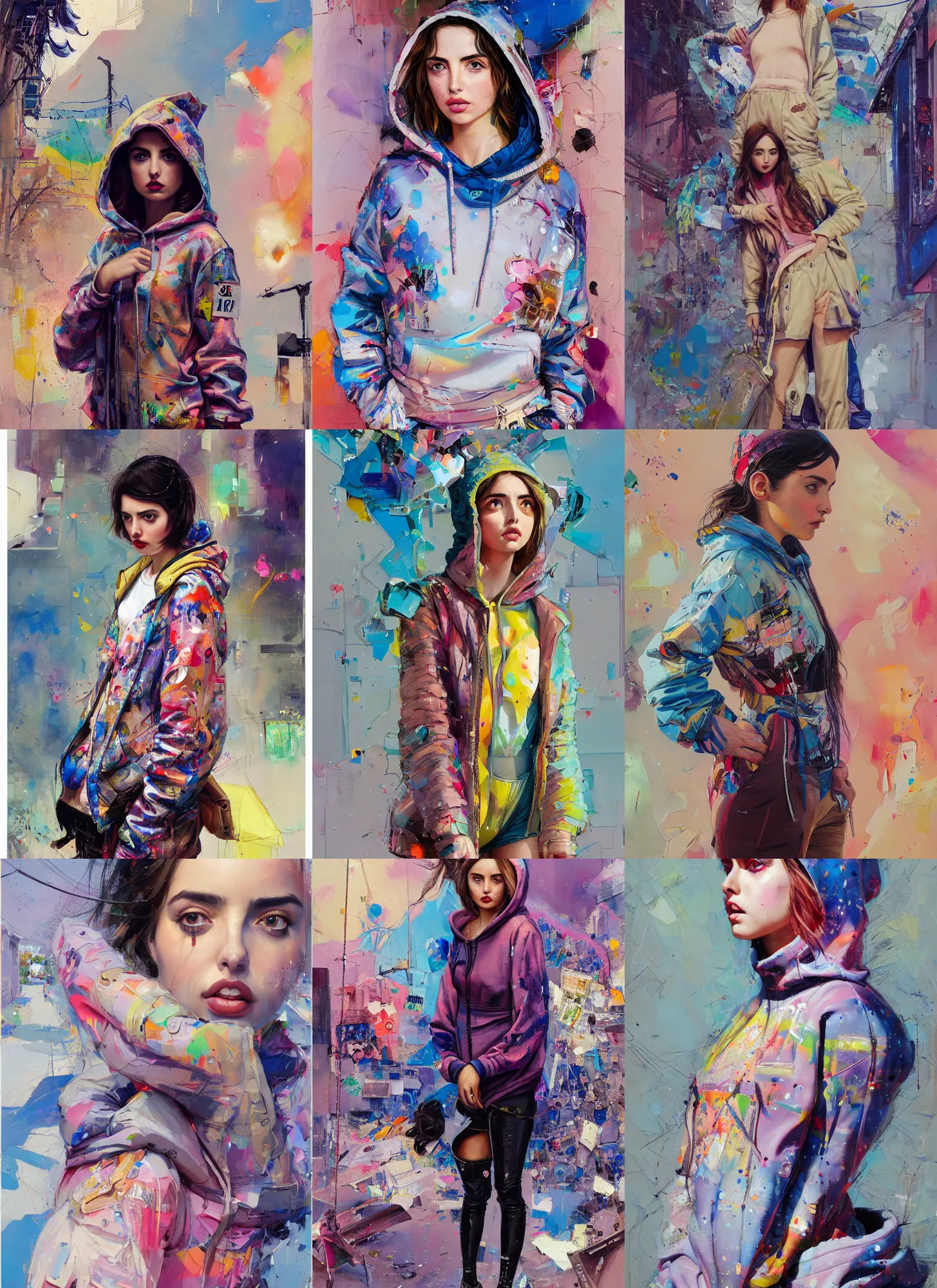 Prompt: ana de armas in the style of martine johanna and donato giancola, wearing a hoodie, standing in a township street, street fashion outfit,!! haute couture!!, full figure painting by john berkey, david choe, ismail inceoglu, pastel color palette, detailed impasto, 2 4 mm lens