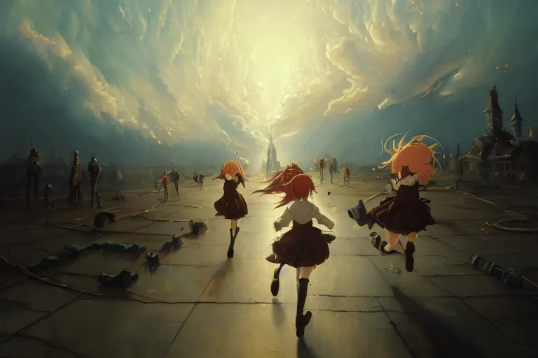 Image similar to baroque oil painting of anime key visual concept art of anime maids running away from the hindenburg disaster, smoke debris, grimdark steampunk fantasy, pleasant battlefield, trending on artstation, brush strokes, oil on canvas, style of makoto shinkai and greg rutkowski and studio ghibli