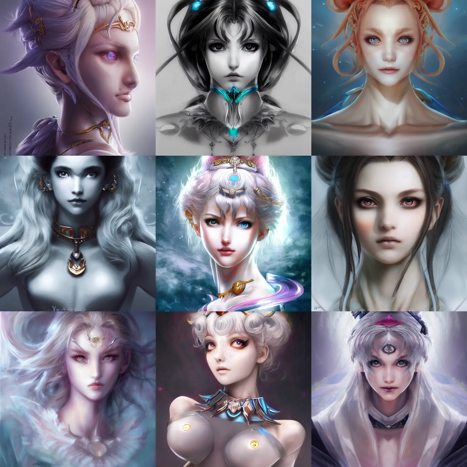 Prompt: fantasy beautiful woman, symmetrical bust portrait, style of sailor moon, by Yoshitaka Amano, Ruan Jia, Kentaro Miura, Artgerm, 8k