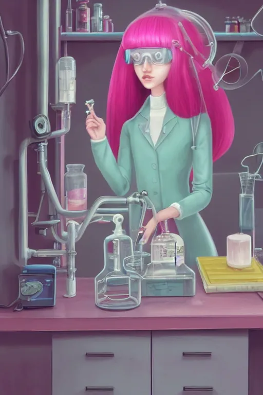 Image similar to highly detailed, cinematic still frame of adult princess bubblegum from adventure time, working in her science lab, wearing lab coat & saftey goggles, long bubblegum hair with long straight bangs, beautiful, attractive, extremely cute, illustration concept art by nicoletta ceccoli, mark ryden, lostfish, detailed and intricate environment, 8 k resolution, hyperrealistic, octane render