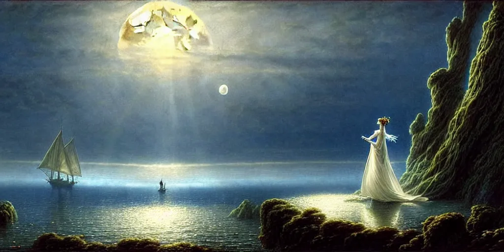 Image similar to an elegant fairy queen in a blue lace dress dancing looking out at a lord of the rings scenery landscape, staring across the sea at a large white timber sail ship, evening, god's rays highly detailed, vivid colour, soft clouds, full moon, cinematic lighting, perfect composition, gustave dore, derek zabrocki, greg rutkowski, belsinski