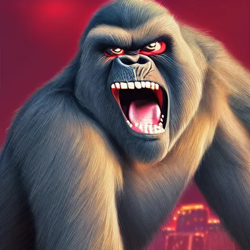 Image similar to angry and aggressive king kong in winter moscow, digital painting, very detailed, art by artgerm