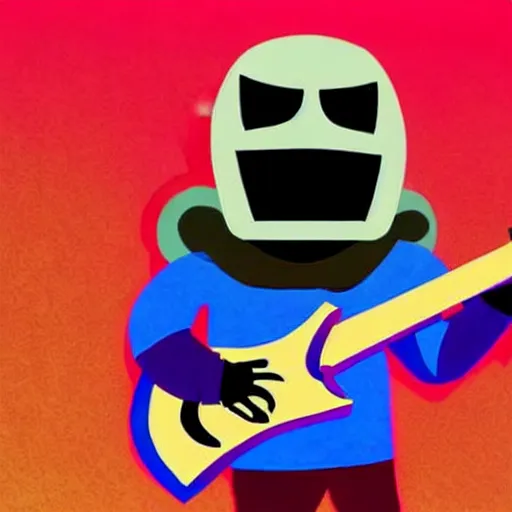 Image similar to cartoon mf doom on a stage with a full band behind him