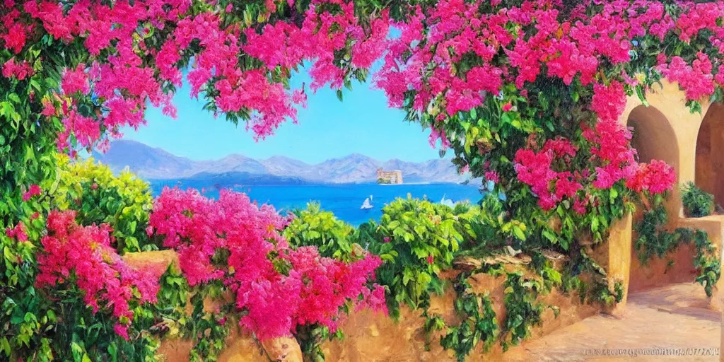 Prompt: beautiful hyper realistic oil painting of a provencal landscape with bougainvillea and near the sea