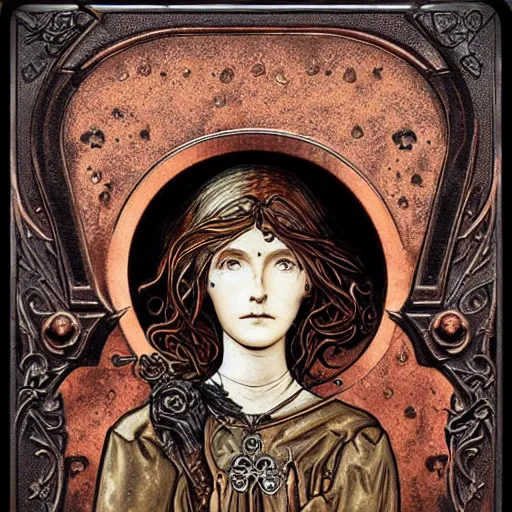 Image similar to steam _ girl _ memento _ mori _ gothic _ neo _ - _ gothic _ art _ nouveau _ hyperdetailed _ copper _ patina _ medieval _ icon _ philippe