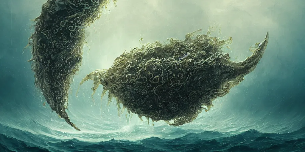 Image similar to decorative ornamental emblematic shrine of holy whale god of the sea, acanthus scroll, ceremonial clouds, dripping paint, fibonacci rhythm, kelp, barnacle, artstation, art germ, wlop, karol bak, christopher balaskas