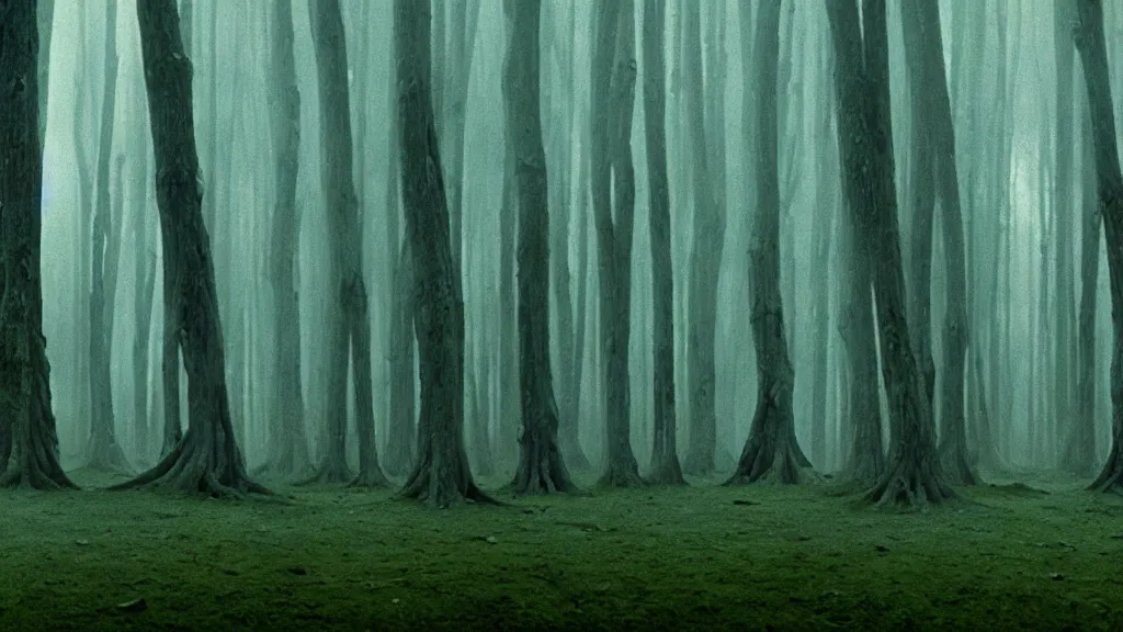 Image similar to can't see the forest through the trees, film still from the movie directed by denis villeneuve and david cronenberg with art direction by zdzisław beksinski and dr. seuss