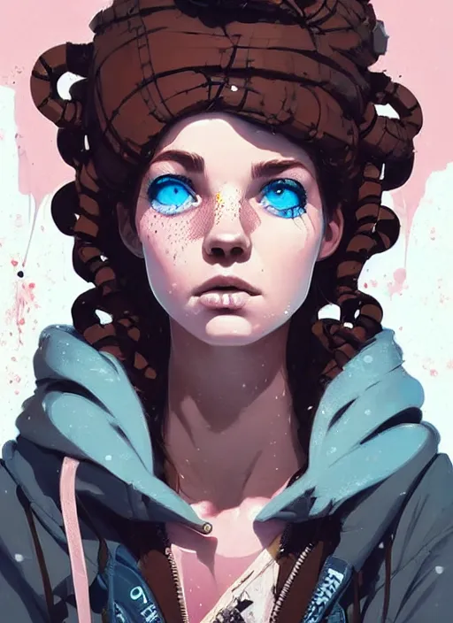 Image similar to highly detailed portrait of a sewer punk lady, blue eyes, tartan hoody, ringlet hair by atey ghailan, by greg rutkowski, by greg tocchini, by james gilleard, by joe fenton, by kaethe butcher, gradient pink, brown, light blue and white color scheme, grunge aesthetic!!! ( ( graffiti tag wall background ) )