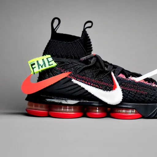 Image similar to a studio photoshoot of Nike Off-white Lebron 16 sneakers designed by Virgil Abloh, knitted mesh material, gum rubber outsole, realistic, color film photography by Tlyer Mitchell, 35 mm, graflex