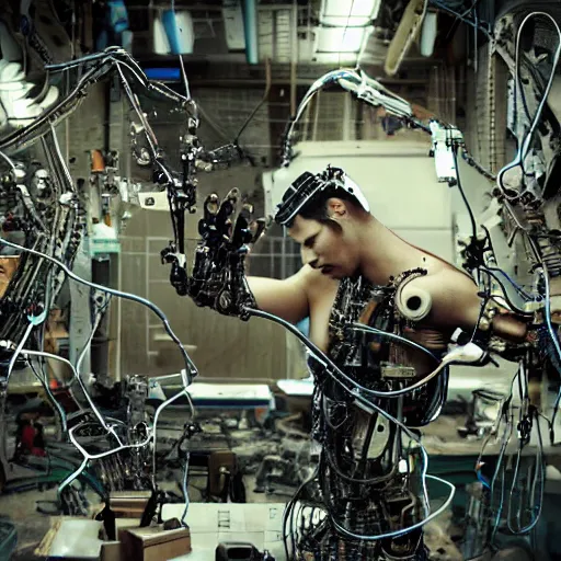 Image similar to a man trapped in a cyborg repair factory, being dissembled by robotic arms, all around are body parts, circuit boards, wires, biomech,, panavision