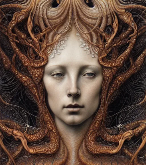 Image similar to detailed realistic beautiful amber goddess face portrait by jean delville, gustave dore, iris van herpen and marco mazzoni, art forms of nature by ernst haeckel, art nouveau, symbolist, visionary, gothic, neo - gothic, pre - raphaelite, fractal lace, intricate alien botanicals, biodiversity, surreality, hyperdetailed ultrasharp octane render