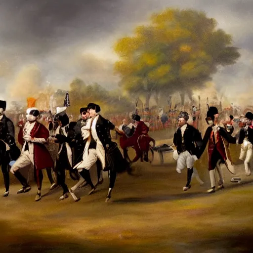 Prompt: gentleman johnny burgoyne's elegant party train marching through saratoga, 1 8 th century american revolution portrait oil on canvas shimmer artstation