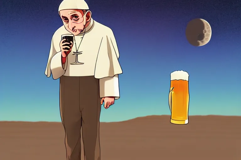 Prompt: a study of a cell shaded cartoon pope holding and drinking a beer on a desert road in front of a big moon, full body, wide shot, very muted colors, post grunge, studio ghibli, laurie greasley, highly detailed, deviantart, art by artgem