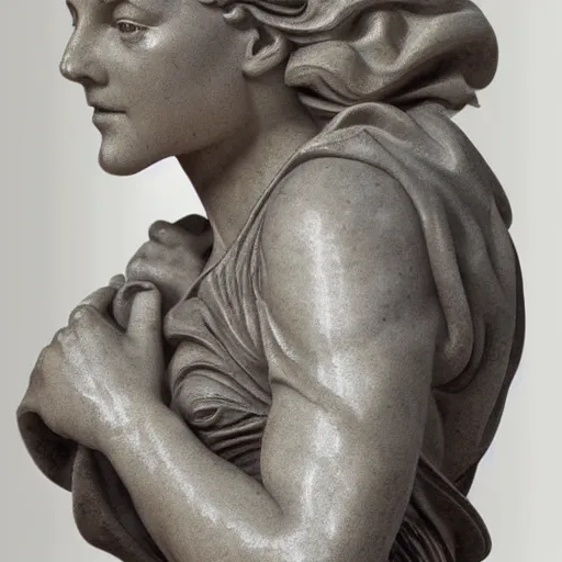 Prompt: marble statue close-up of Rosie the Riveter by Michelangelo, intricate details, soft lighting