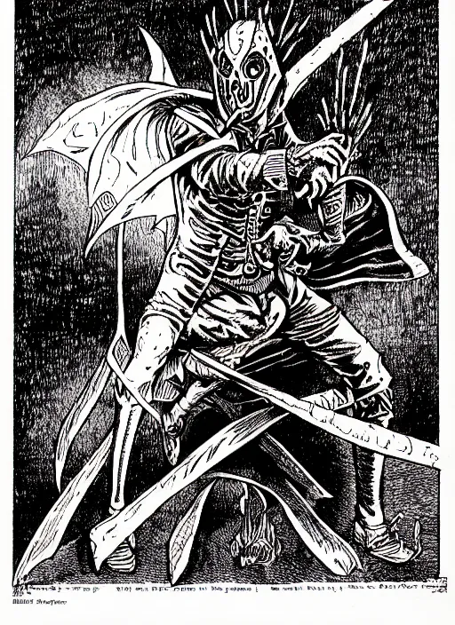 Image similar to spring - heeled jack d & d style illustration, full body, pen - and - ink illustration, etching, by russ nicholson, david a trampier, larry elmore, 1 9 8 1, hq scan, intricate details, inside stylized border