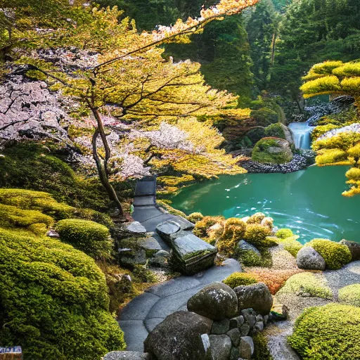 Image similar to view from the mountain top to see a costal city on an alient planet, elven architecture buildings, 8k, wide angle view, hyper realistic, waterfall under bridge, sunlight shining through into the city, zen japanese gardens, sakura trees, japanese autumn tree 18 4k photorealistic, volumetric lighting, HD, high details, dramatic, trending on artstation