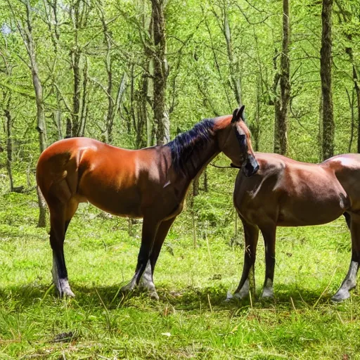 Prompt: two badly hurt horses with some arrows on their body, lying on the woods path, dense thickets on each side, photo, 8 k