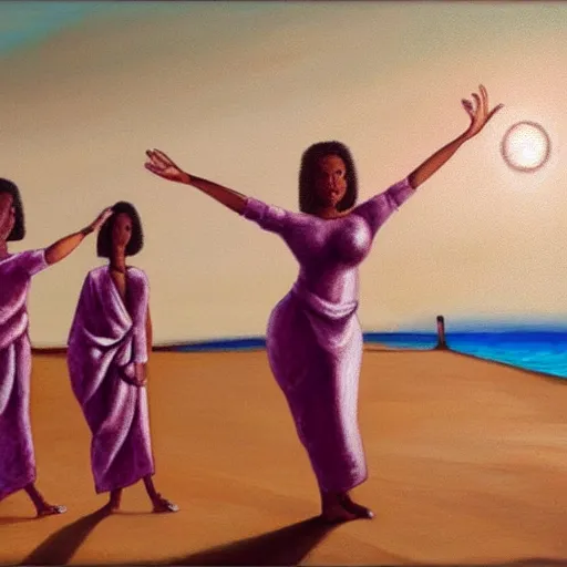 Image similar to painting of 3 5 year old mediterranean skinned woman in ancient canaanite clothing dancing with a tambourine by the ocean, sunset, other women dancing behind, trending on art station