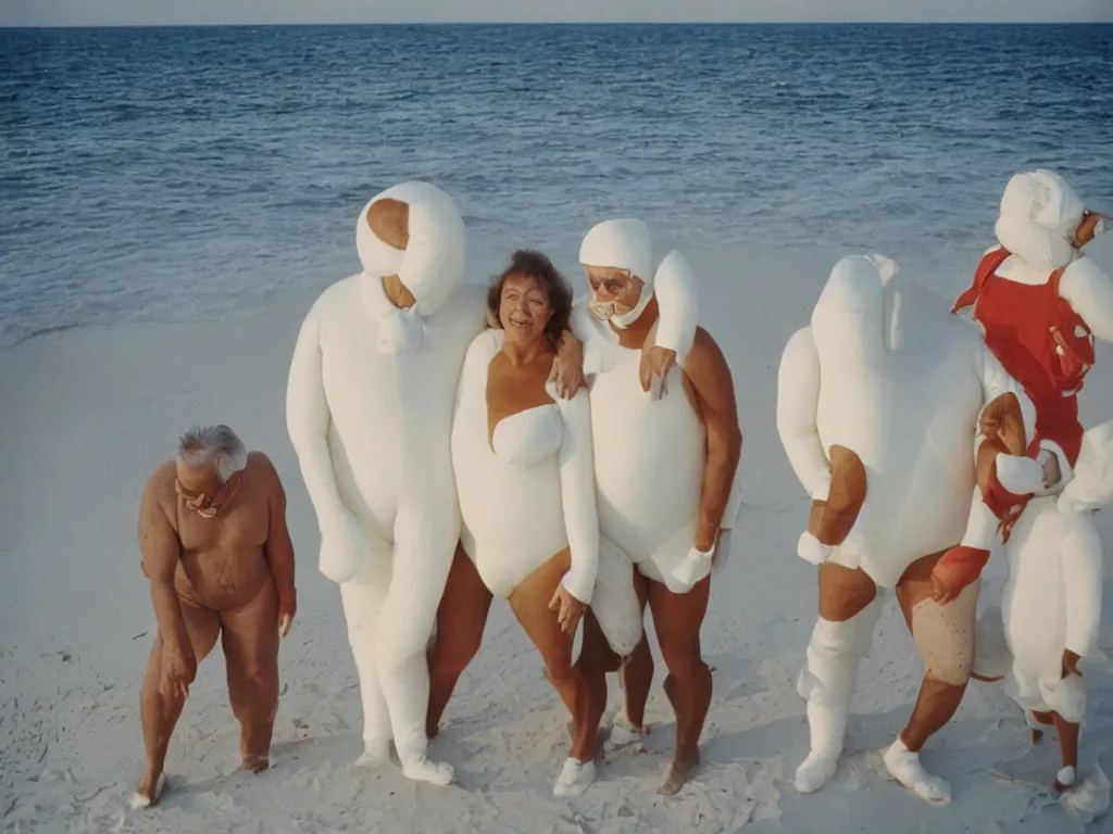 Prompt: a martin parr photo of a grandpa couple, wearing michelin man white body costumes in a beach, sunrise, 1 9 7 0 s kodachrome colour photo, flash on camera,