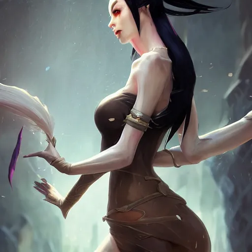 Image similar to tall woman with black hair and pale skin, from league of legends, as human, au naturel, hyper detailed, digital art, trending in artstation, cinematic lighting, studio quality, smooth render, unreal engine 5 rendered, octane rendered, art style by klimt and nixeu and ian sprigger and wlop and krenz cushart!