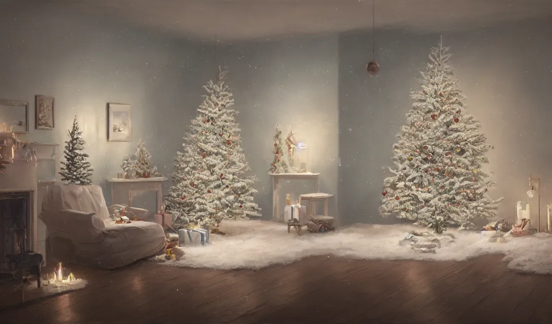 Image similar to a christmas eve photorealistic painting on the wall, ascher clemens, home, interior, octane render, deviantart, greg rutkowski, cinematic, key art, hyperrealism, canon eos c 3 0 0, ƒ 1. 8, 3 5 mm, 8 k, medium - format print