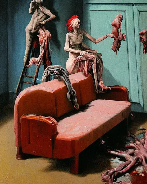 Prompt: old dead couple on an art deco couch in a decayed and ruined slaughterhouse room in the style of Francis Bacon and Syd Mead and Norman Rockwell and Beksinski, hanging beef carcasses, slaughterhouse, open ceiling, highly detailed, painted by Francis Bacon and Edward Hopper, painted by James Gilleard, surrealism, airbrush, very coherent, triadic color scheme, art by Takato Yamamoto and James Jean