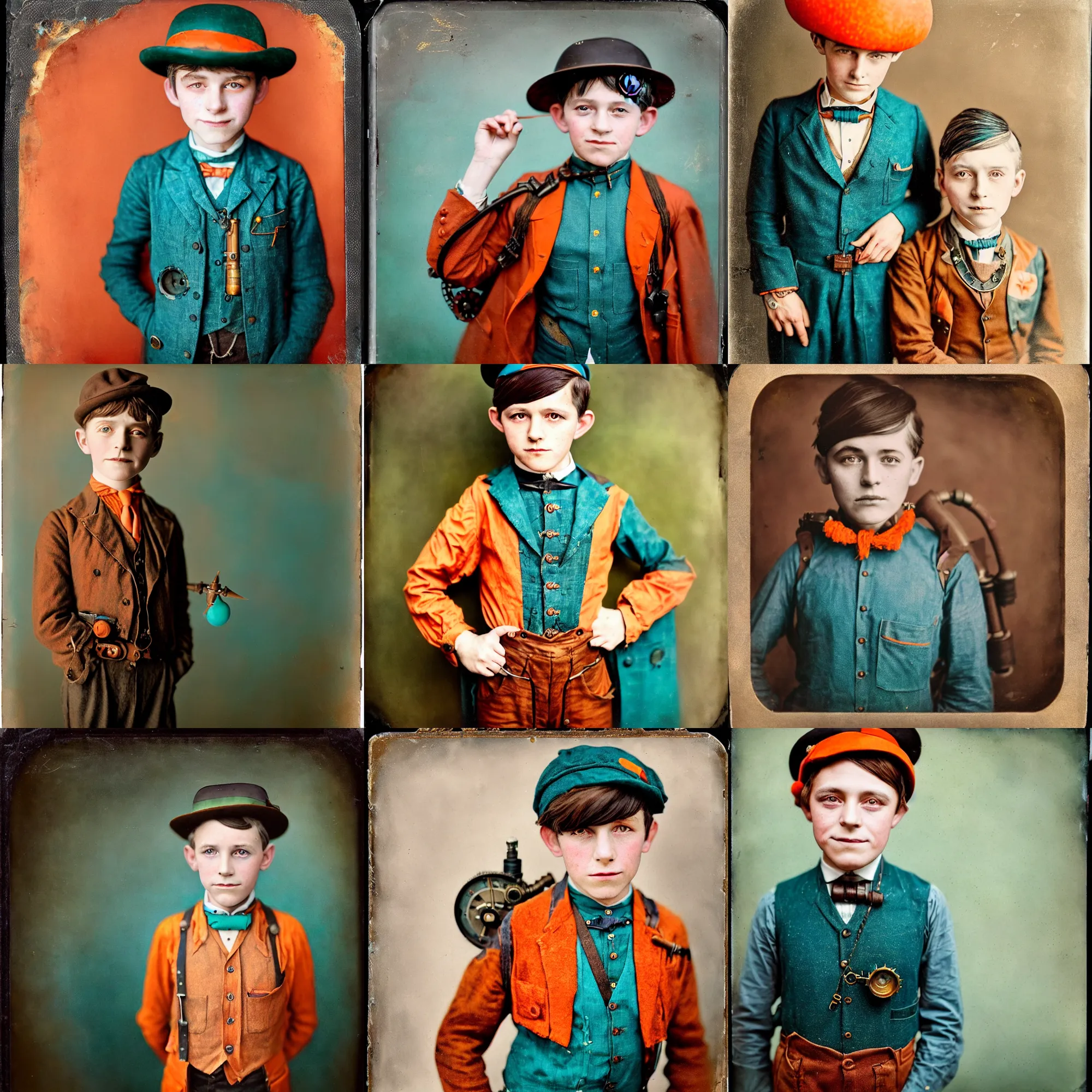 Prompt: kodak portra 4 0 0, wetplate, beautiful realistic character portrait photo of a 8 year old steampunk boy hero in the 1 9 2 0 s, wearing a melon, 1 9 2 0 s cloth hair, coloured in teal and orange, muted colours, by britt marling