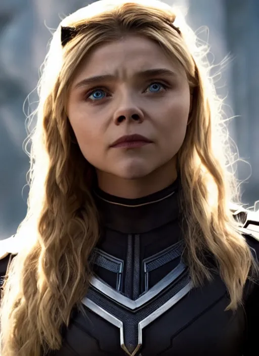 Image similar to film still of chloe grace moretz as black panther, 4 k