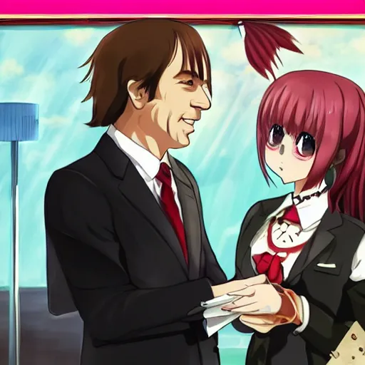 Image similar to Saul Goodman with his anime catgirl wife, trending on Pixiv