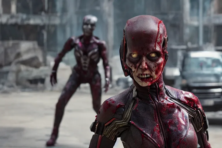 Image similar to film still of zombie zombie Hope Van Dyne The Wasp as a zombie in new avengers movie, 4k