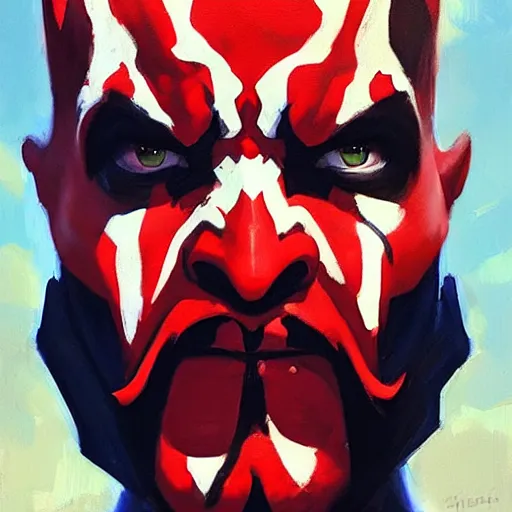 Image similar to greg manchess portrait painting of darth maul as overwatch character, medium shot, asymmetrical, profile picture, organic painting, sunny day, matte painting, bold shapes, hard edges, street art, trending on artstation, by huang guangjian and gil elvgren and sachin teng