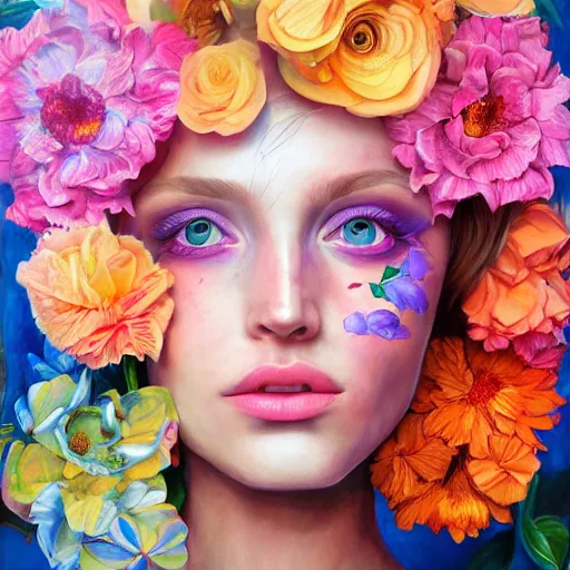 Image similar to super realistic painting of a human combined with flowers, colorful, highly detailed, 4k, trending on artstation