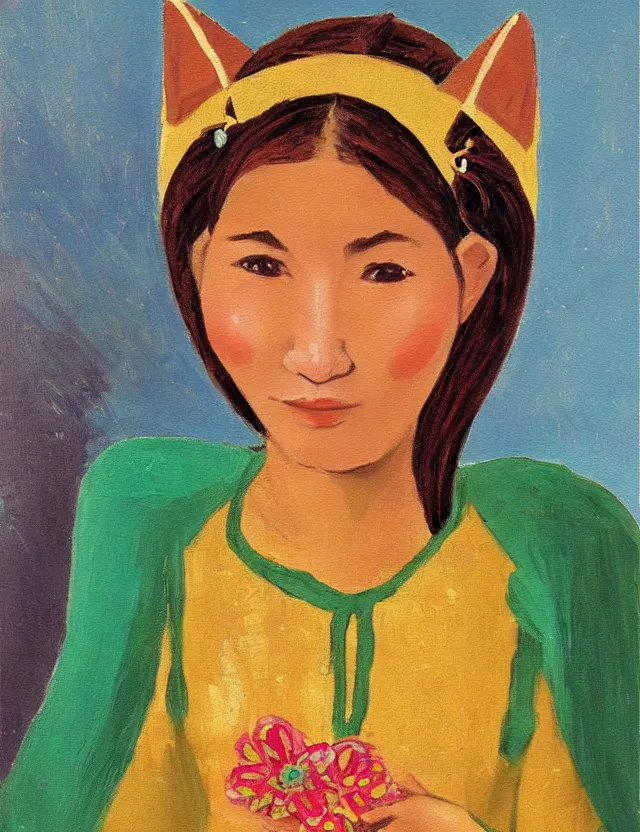 Image similar to central asian woman with cat ears, wearing a lovely dress. this oil painting by the beloved children's book author has impeccable lighting, an interesting color scheme and intricate details.