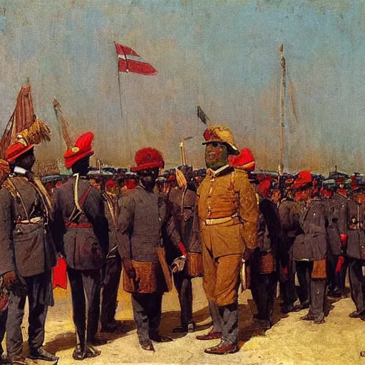 Prompt: british colonial officers in Lagos, 1905, bright colours, masterwork, highly detailed, oil on canvas, by Ilya Repin