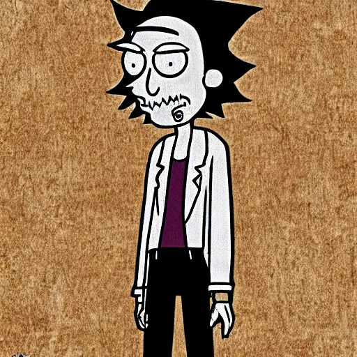 Prompt: grunge drawing of rick by - rick and morty , loony toons style, horror themed, detailed, elegant, intricate